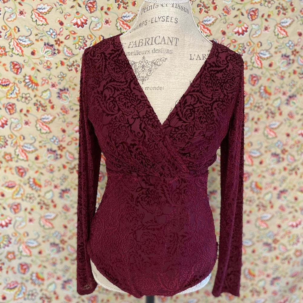 Beautiful burgundy velveteen v-neck bodysuit